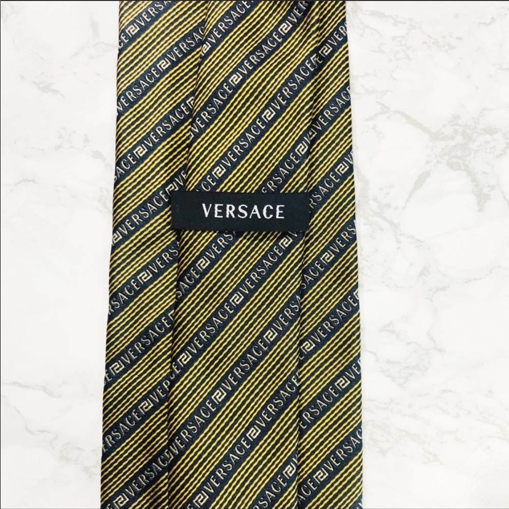 Versace Gold Blue Striped Spellout Tie EUC